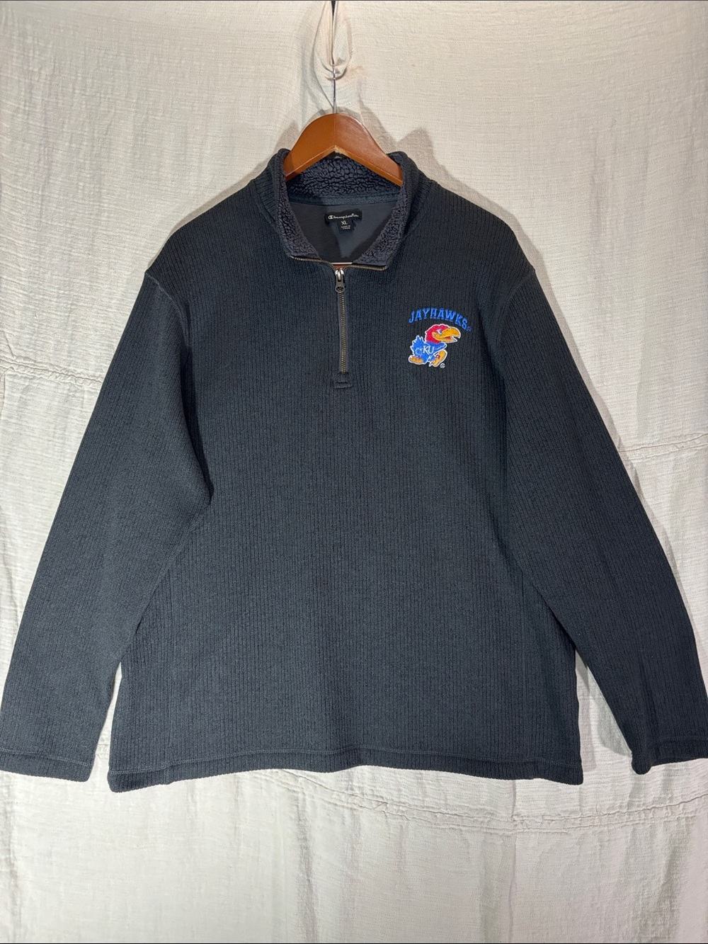 Champion Elite Kansas Jayhawks Ribbed Quarter Zip Pullover Charcoal Mens XL EUC